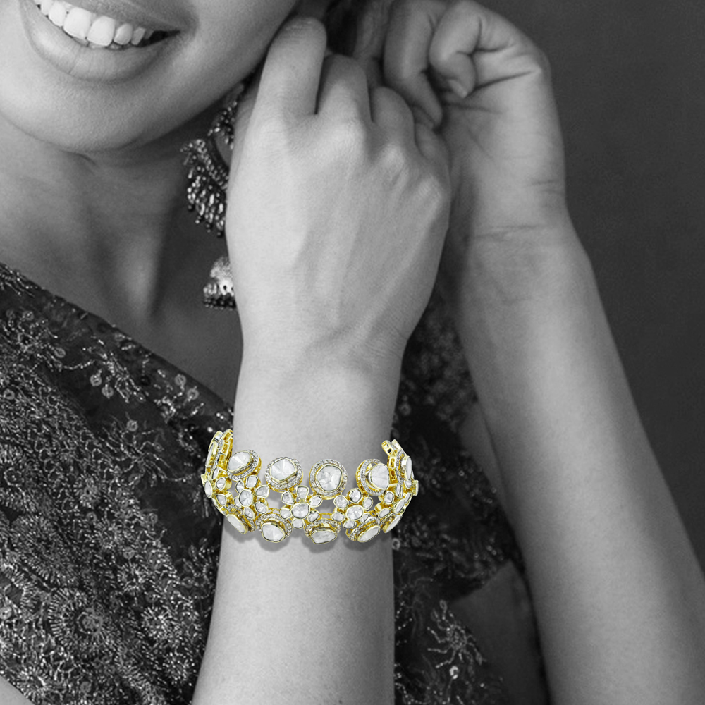 Polki Bracelet with Double Rows and Diamond Halos